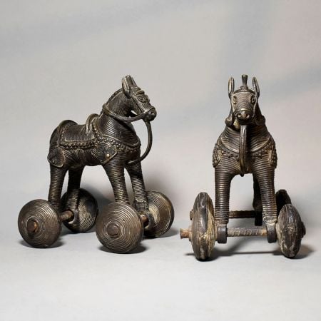 Pair of Vintage Brass Horse Rolling Toy Figurines