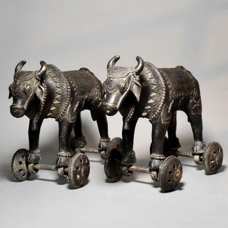 Vintage Brass Ox Cart Toy with Rolling Wheels