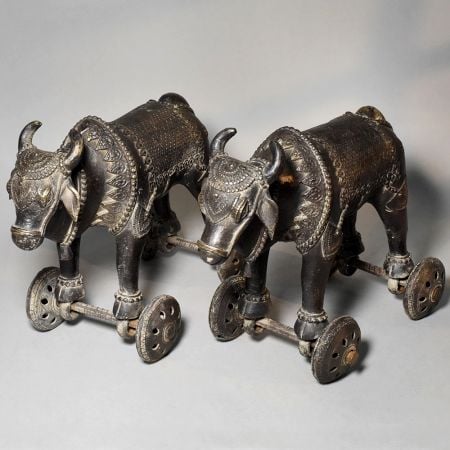 Vintage Brass Ox Cart Toy with Rolling Wheels
