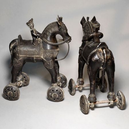 Vintage Brass Horse Rider Rolling Toy Figurine Pair