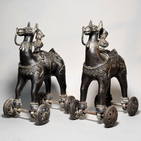Antique Brass Camel Rider Rolling Toy Figurine Pair