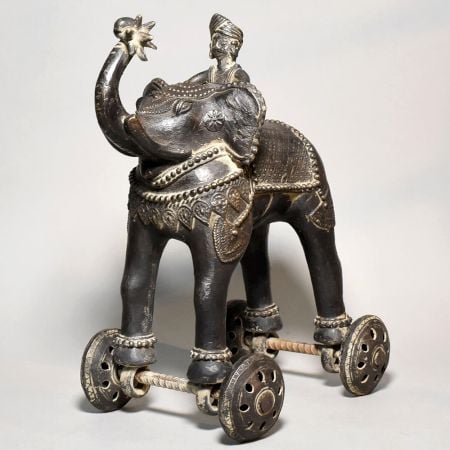 Handcrafted Brass Elephant Rider Rolling Toy Figurine