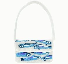 Handmade Beaded Shoulder Bag White & Blue Fish Pattern