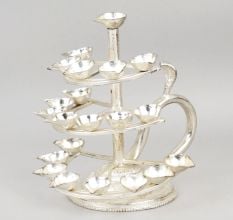Handcrafted Silver Plated Copper Three Tier Diya Stand with Handle