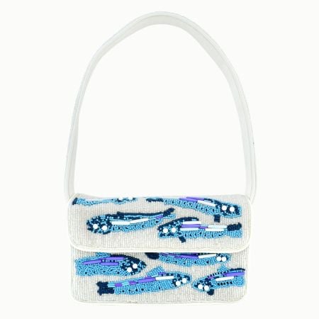 Handmade Beaded Shoulder Bag White & Blue Fish Pattern