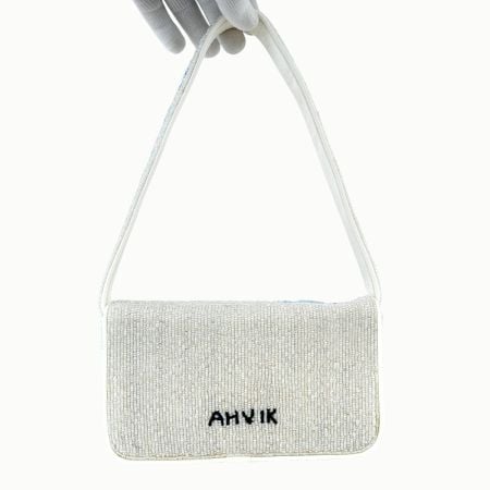 Handmade Beaded Shoulder Bag White & Blue Fish Pattern