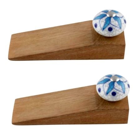 2 Pieces Turquoise Floral Crackle Ceramic Wooden Door Stopper