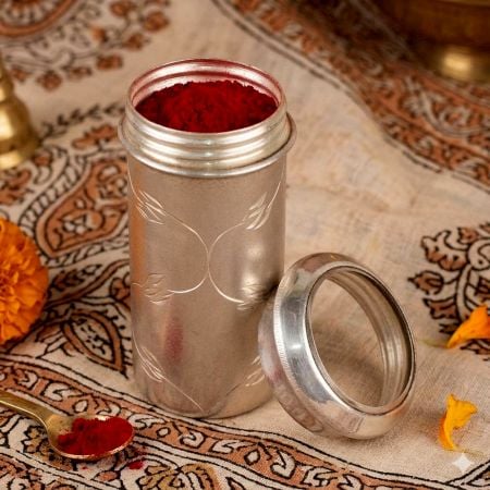 Handcrafted Silver Kumkum Box Cylindrical Storage Container