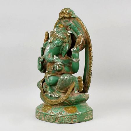 Handcrafted Brass Ganesha Murti Green Antique Finish Idol