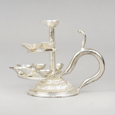 Handcrafted Silver Plated Copper Multi Tier Diya Stand with Handle