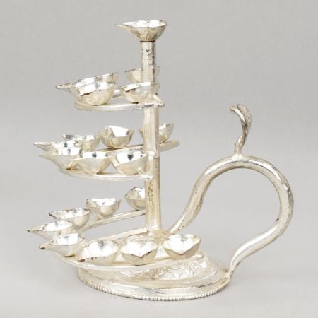 Handcrafted Silver Plated Copper Three Tier Diya Stand with Handle