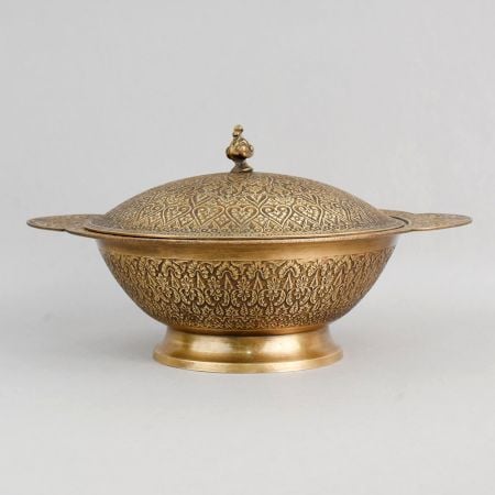 Handcrafted Brass Engraved Bowl with Lid Decorative Serving