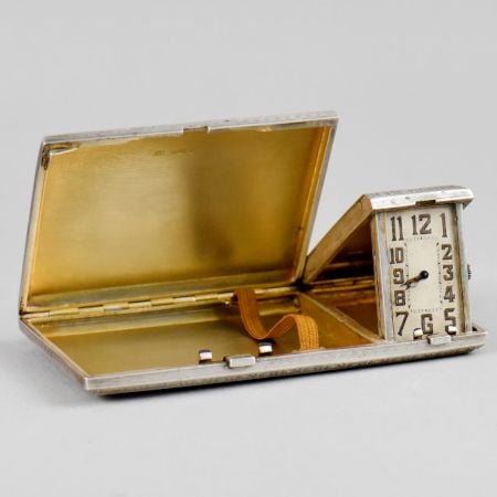 Vintage Sterling Silver Travel Clock Cigarette Case with Hallmark 925