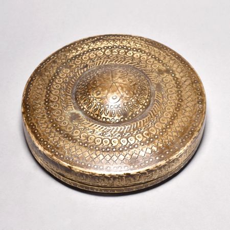Indian Handmade Engraved Round Box Made of Brass and Glass
