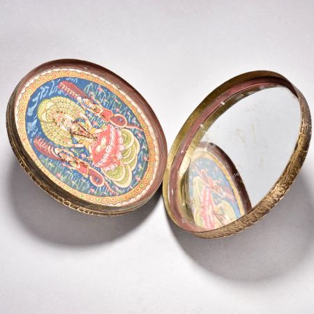 Indian Handmade Engraved Round Box Made of Brass and Glass