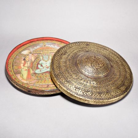 High-Quality Brass and Glass Round Box in Rajasthani Art