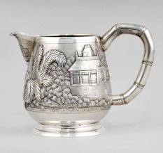 Vintage Anglo Indian Silver Creamer Jug with Village Scene Engraving