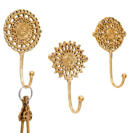 Brass Floral Pattern Pack of 3 Key Hooks for Wall