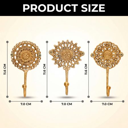 Brass Floral Pattern Pack of 3 Key Hooks for Wall