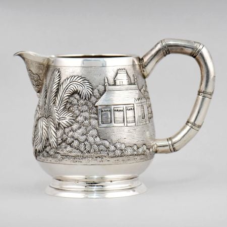 Vintage Anglo Indian Silver Creamer Jug with Village Scene Engraving