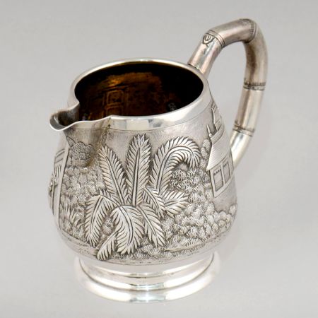 Vintage Anglo Indian Silver Creamer Jug with Village Scene Engraving