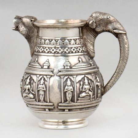 Vintage Silver Elephant Handle Religious Temple Water Pitcher