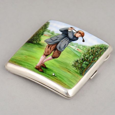WN Ltd Birmingham Sterling Silver Enamel Golfer Cigarette Case