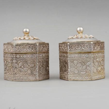 Handcrafted Silver Floral Engraved Hexagonal Trinket Box