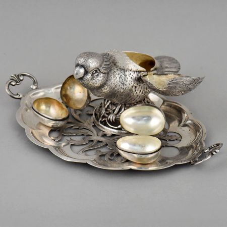Handcrafted Silver Bird and Egg Table Service Set