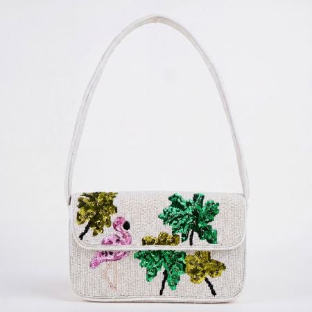 Handmade Flamingo & Palm Tree Beaded Shoulder Bag