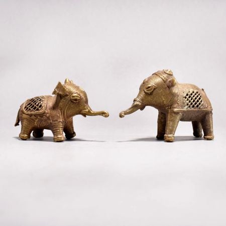 Handmade Vintage Brass Tribal Elephant Statue in Pair