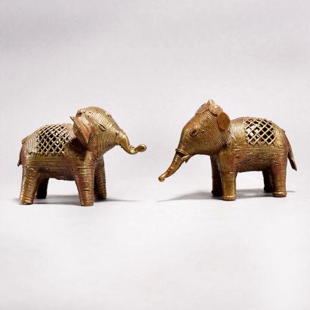 Vintage Finish Handmade Brass Tribal Art Elephant Statue in Pair
