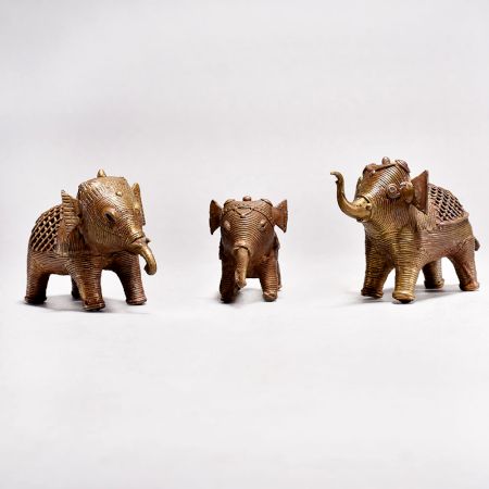 Tribal Art Vintage Brass Elephant Statue in Set of 3