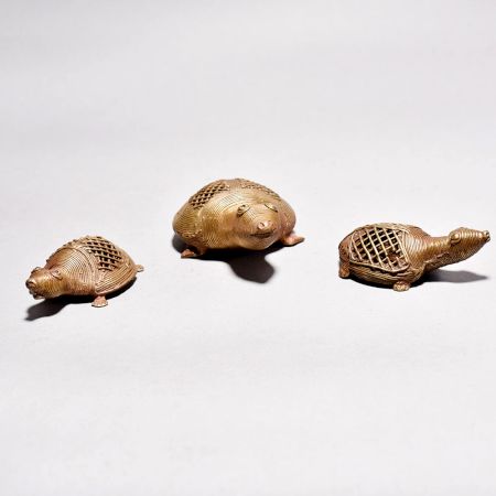 Tribal Art Handmade Brass Turtle Statue for Decor in Pair of 3