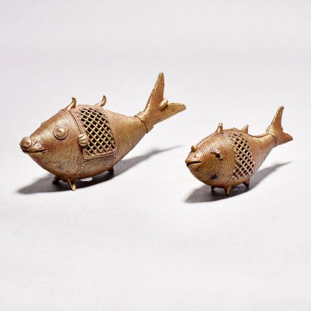 Handmade Vintage Brass Tribal Fish Statue in Pair of 2