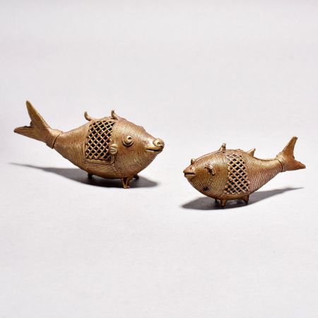 Handmade Vintage Brass Tribal Fish Statue in Pair of 2