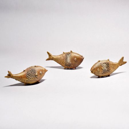 Handcrafted Vintage Brass Tribal Fish Statue in Pair of 3