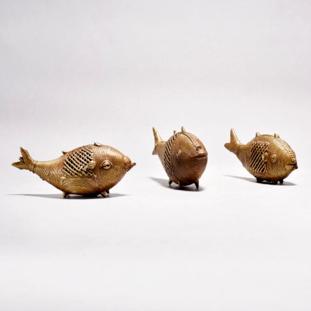Handcrafted Vintage Brass Tribal Fish Statue in Pair of 3