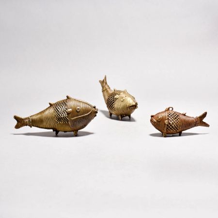Vintage Style Crafted Brass Tribal Fish Statue in Set of 3