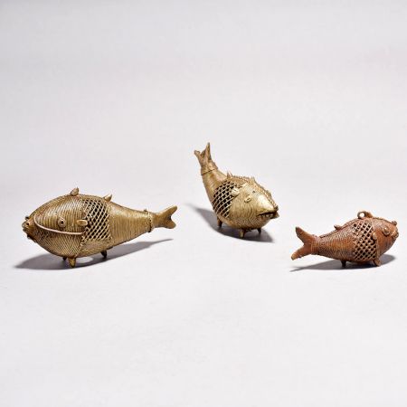 Vintage Style Crafted Brass Tribal Fish Statue in Set of 3