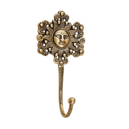 Handmade Yellow Brass Sun God Face Single Wall Hook