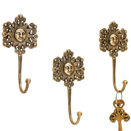 Pack of 3 Handmade Yellow Brass Sun God Face Single Wall Hook