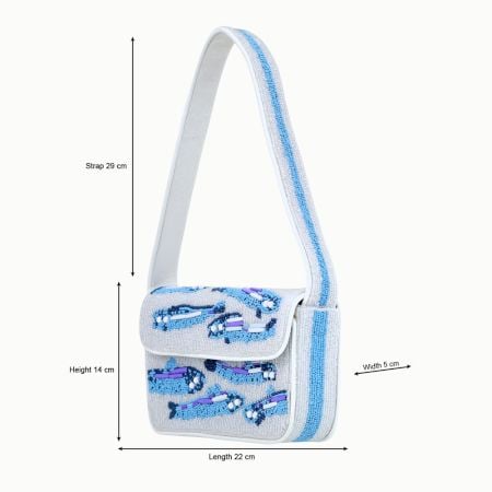 Handmade Beaded Shoulder Bag White & Blue Fish Pattern