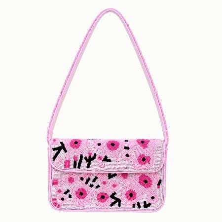 Handmade Pink Beaded Shoulder Bag with Floral Embroidery