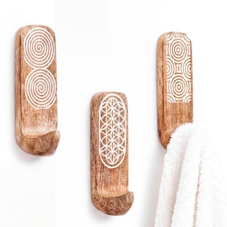 3 Pieces Designer Wooden Adhesive Wall Hooks With Geometric Patterns