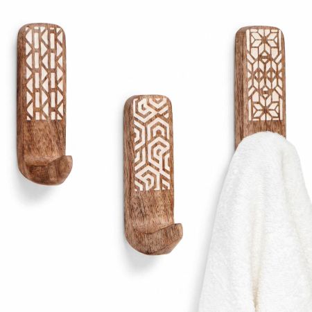 3 Pieces Wooden Self Adhesive Brown And White Wall Hooks