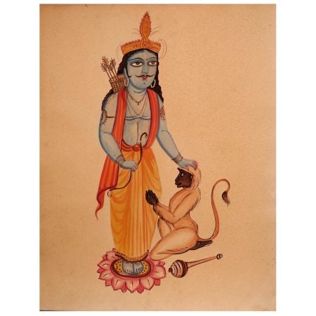 Vintage Kalighat Paper Painting of Lord Ram and Hanuman