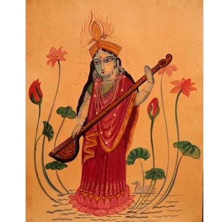 Vintage Paper Painting of Goddess Saraswati for Prayer Room