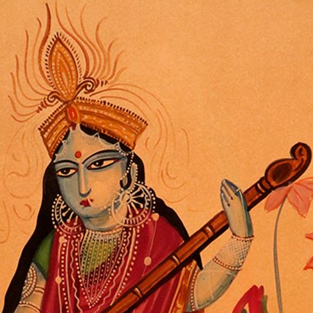 Vintage Paper Painting of Goddess Saraswati for Prayer Room