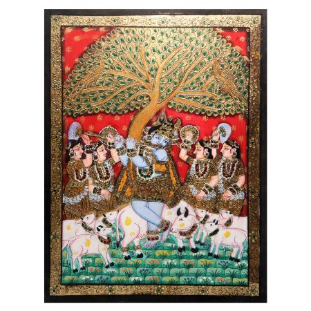 Vintage Lord Krishna Paper Painting in Tanjore Art